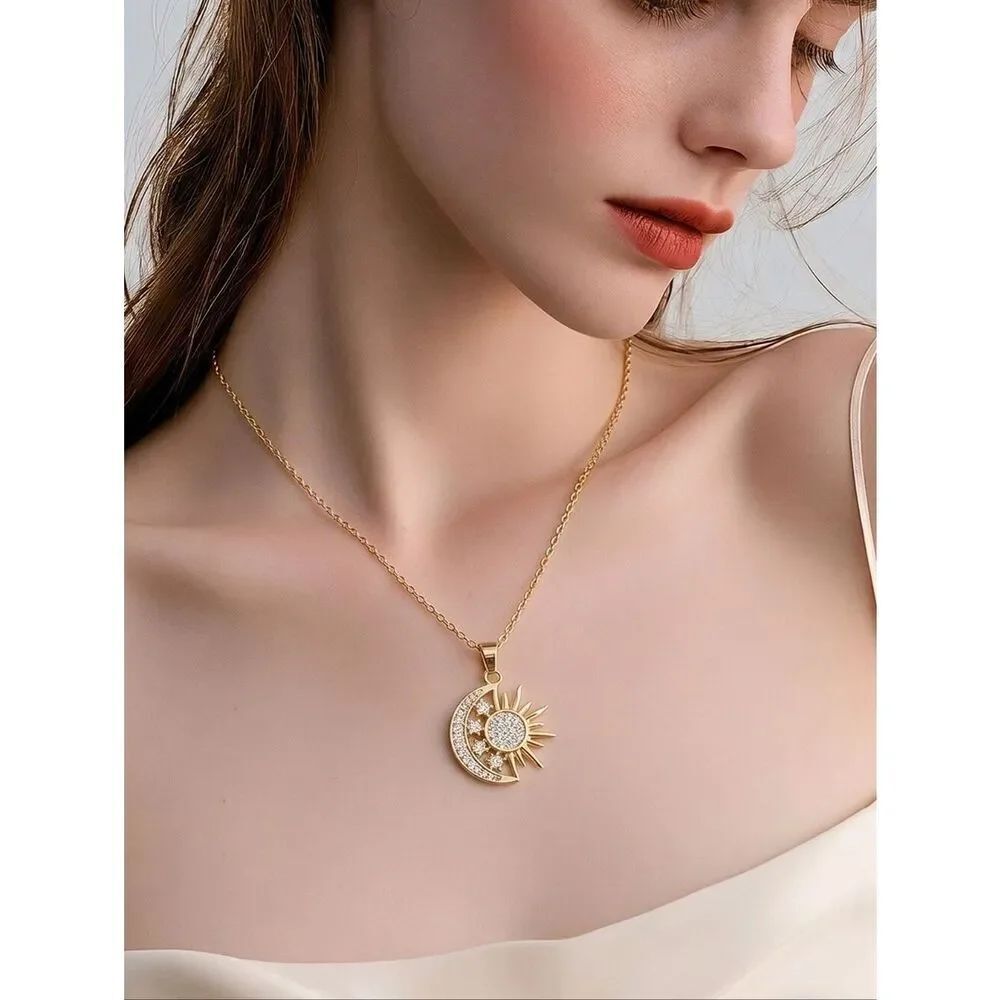 Gold Sun and Moon Crystal Pave Pendant Necklace Dainty Celestial Cosmic Jewelry